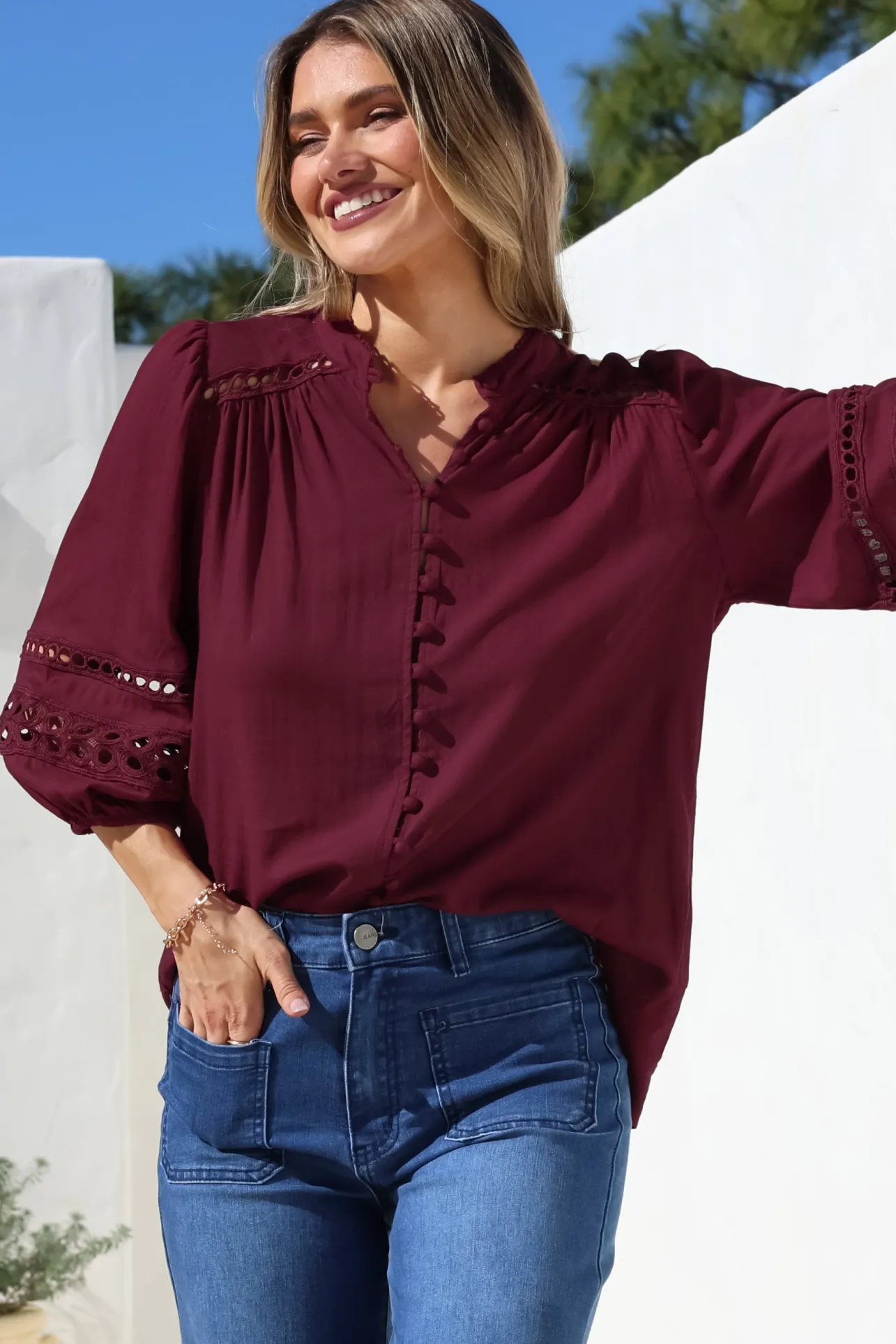 Alyce Shirt - Mandarin Collar Cut Out Detailed Sleeve Button Down in Burgundy>Salty Crush Best