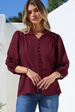 Alyce Shirt - Mandarin Collar Cut Out Detailed Sleeve Button Down in Burgundy><noscript><img width=