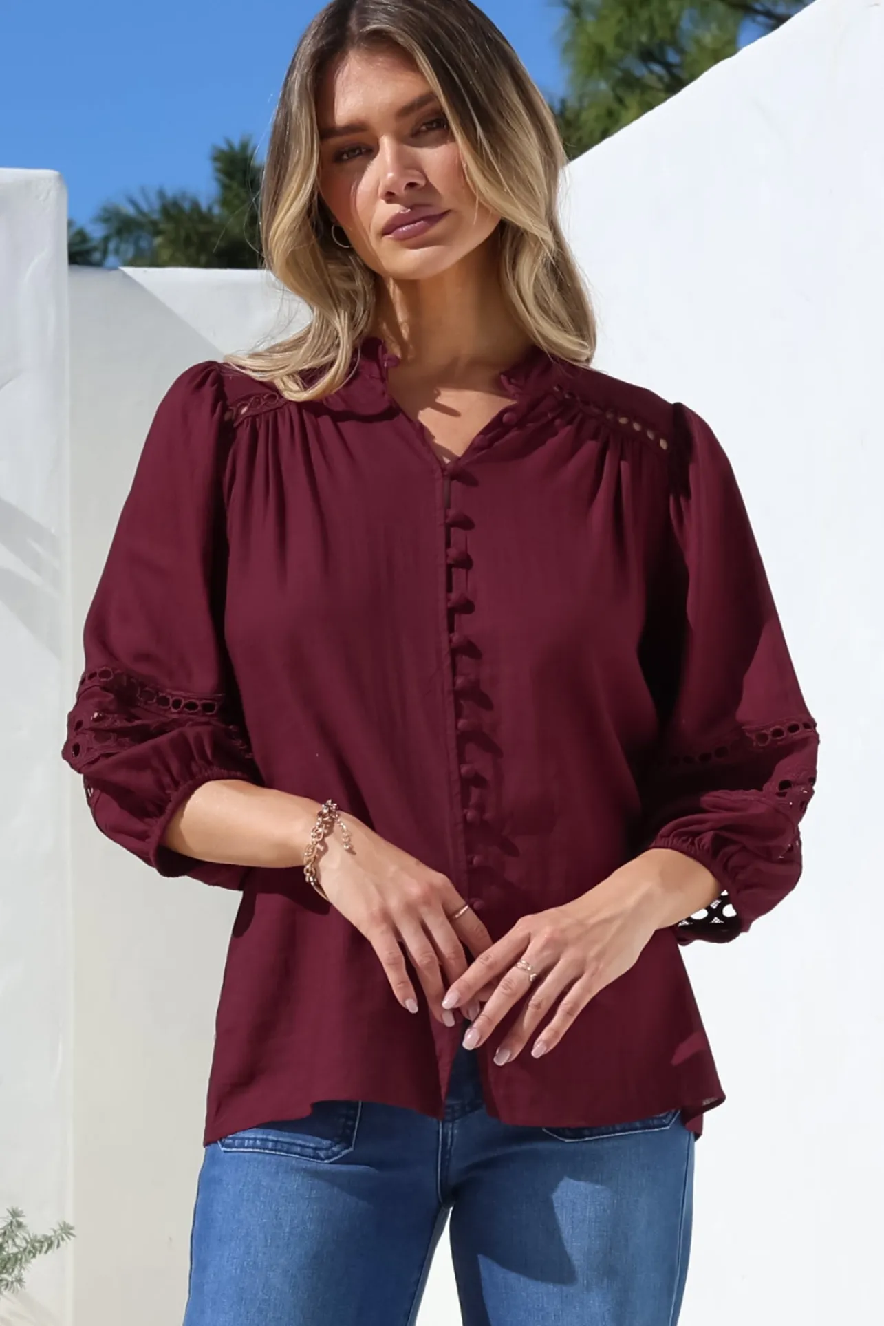 Alyce Shirt - Mandarin Collar Cut Out Detailed Sleeve Button Down in Burgundy>Salty Crush Best