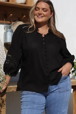 Alyce Shirt - Mandarin Collar Cut Out Detailed Sleeve Button Down in Black>Salty Crush Clearance