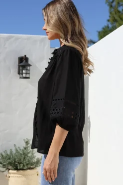Alyce Shirt - Mandarin Collar Cut Out Detailed Sleeve Button Down in Black><noscript><img width=