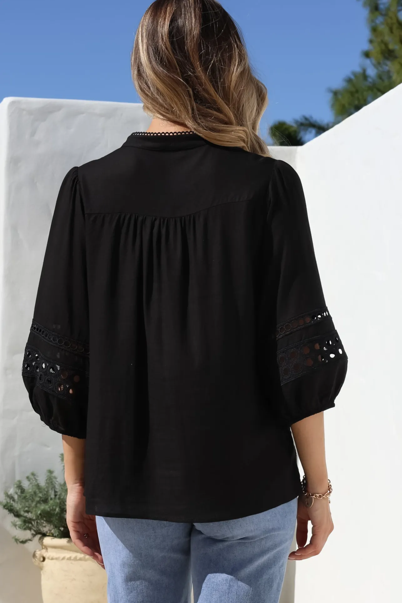 Alyce Shirt - Mandarin Collar Cut Out Detailed Sleeve Button Down in Black>Salty Crush Clearance