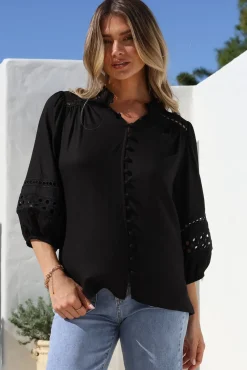 Alyce Shirt - Mandarin Collar Cut Out Detailed Sleeve Button Down in Black><noscript><img width=
