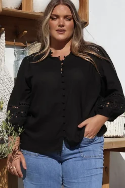 Alyce Shirt - Mandarin Collar Cut Out Detailed Sleeve Button Down in Black><noscript><img width=
