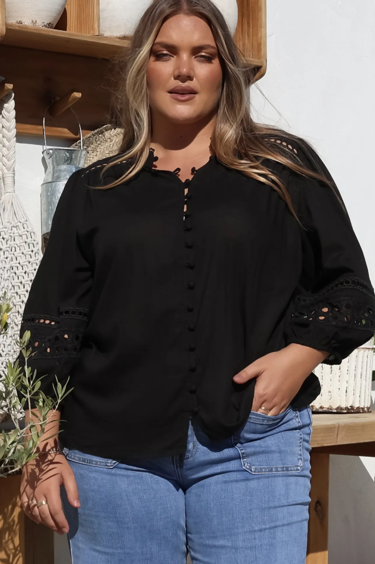 Alyce Shirt - Mandarin Collar Cut Out Detailed Sleeve Button Down in Black>Salty Crush Clearance