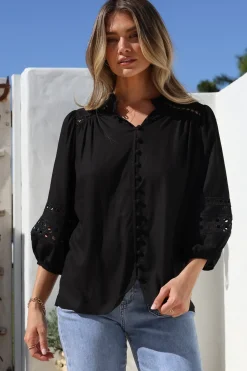 Alyce Shirt - Mandarin Collar Cut Out Detailed Sleeve Button Down in Black><noscript><img width=