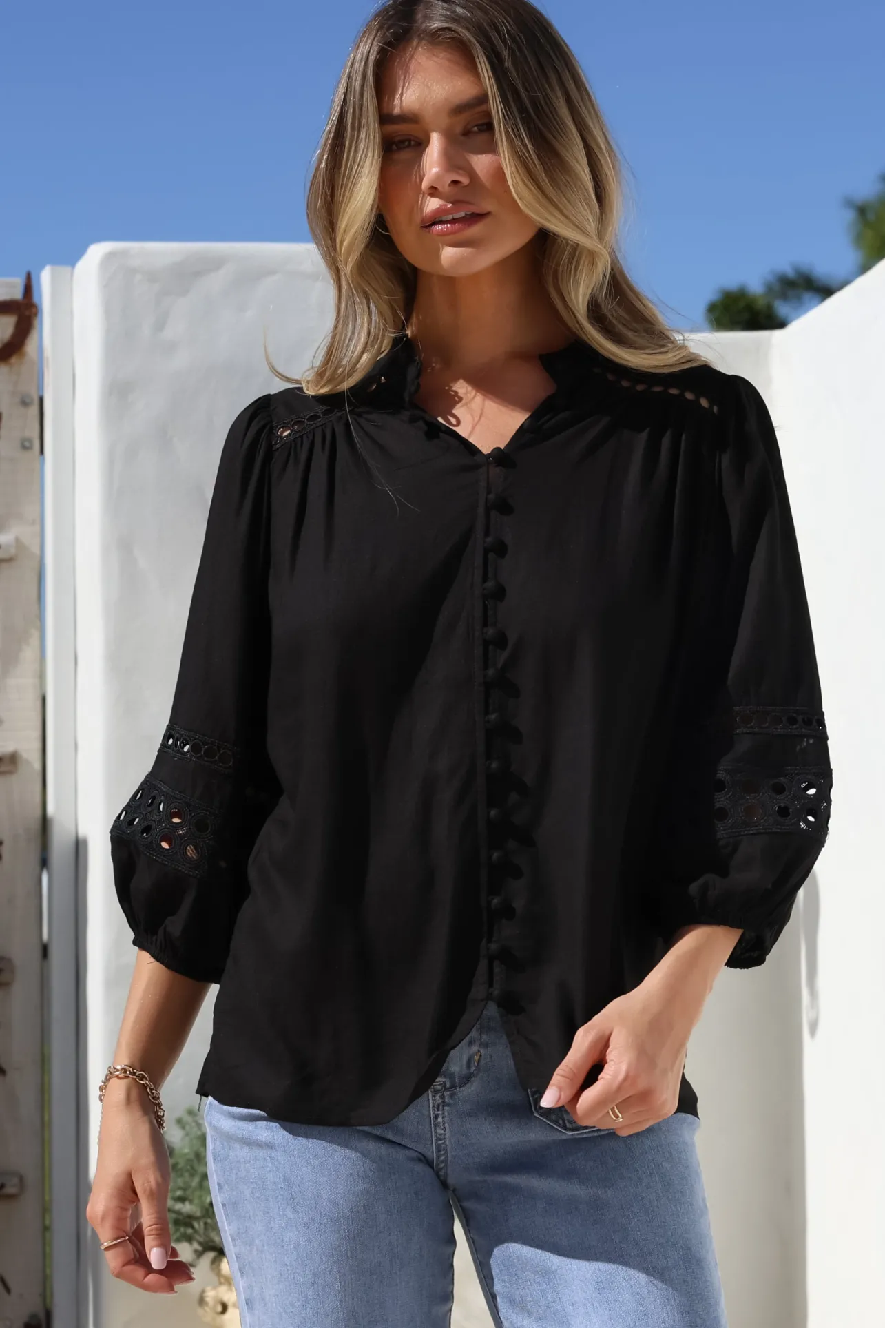 Alyce Shirt - Mandarin Collar Cut Out Detailed Sleeve Button Down in Black>Salty Crush Clearance