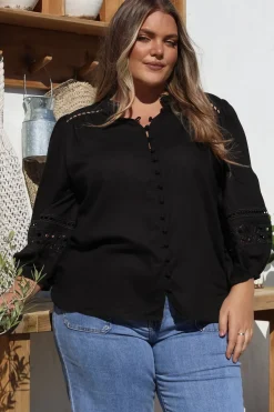 Alyce Shirt - Mandarin Collar Cut Out Detailed Sleeve Button Down in Black><noscript><img width=