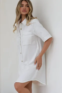 Alyssa Mini Dress - Collared Button-Down Denim Shirt Dress in White><noscript><img width=
