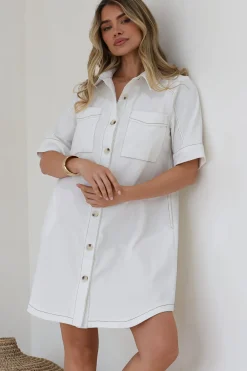 Alyssa Mini Dress - Collared Button-Down Denim Shirt Dress in White><noscript><img width=