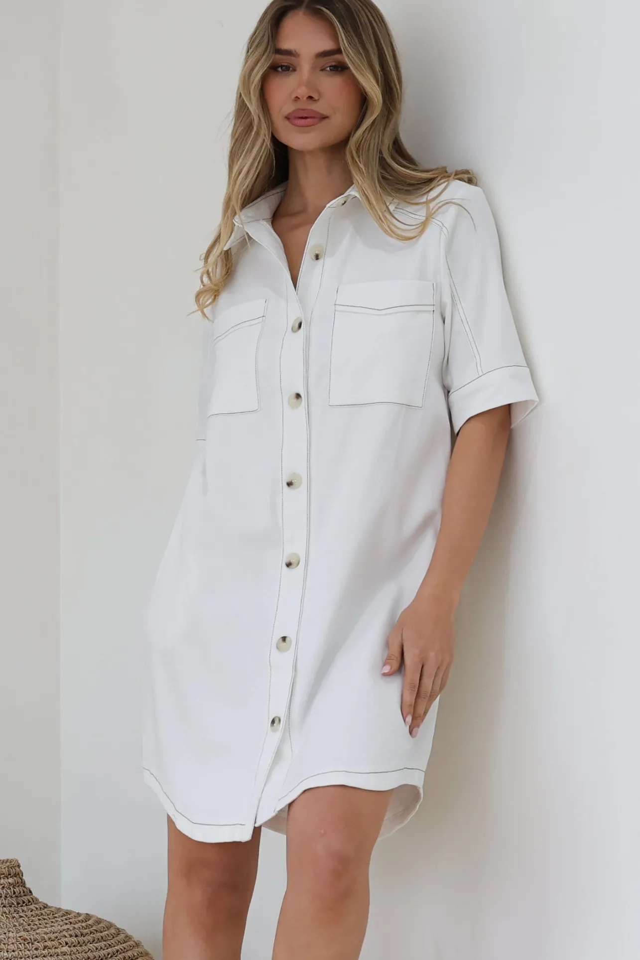 Alyssa Mini Dress - Collared Button-Down Denim Shirt Dress in White>Salty Crush Sale
