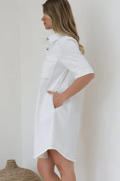 Alyssa Mini Dress - Collared Button-Down Denim Shirt Dress in White><noscript><img width=