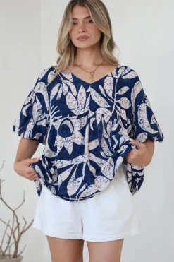 Amalia Blouse - V-Neck Smock Top with Balloon Sleeves in Moonshadow Print><noscript><img width=