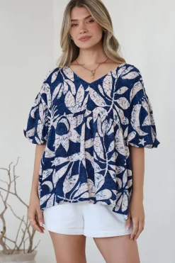 Amalia Blouse - V-Neck Smock Top with Balloon Sleeves in Moonshadow Print><noscript><img width=