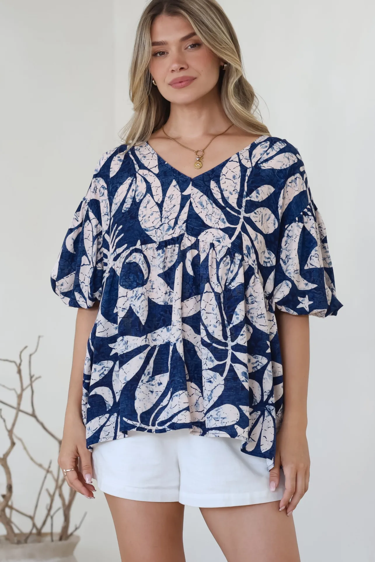Amalia Blouse - V-Neck Smock Top with Balloon Sleeves in Moonshadow Print>Salty Crush Sale