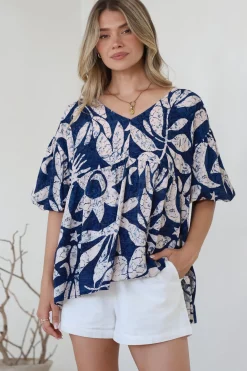 Amalia Blouse - V-Neck Smock Top with Balloon Sleeves in Moonshadow Print><noscript><img width=
