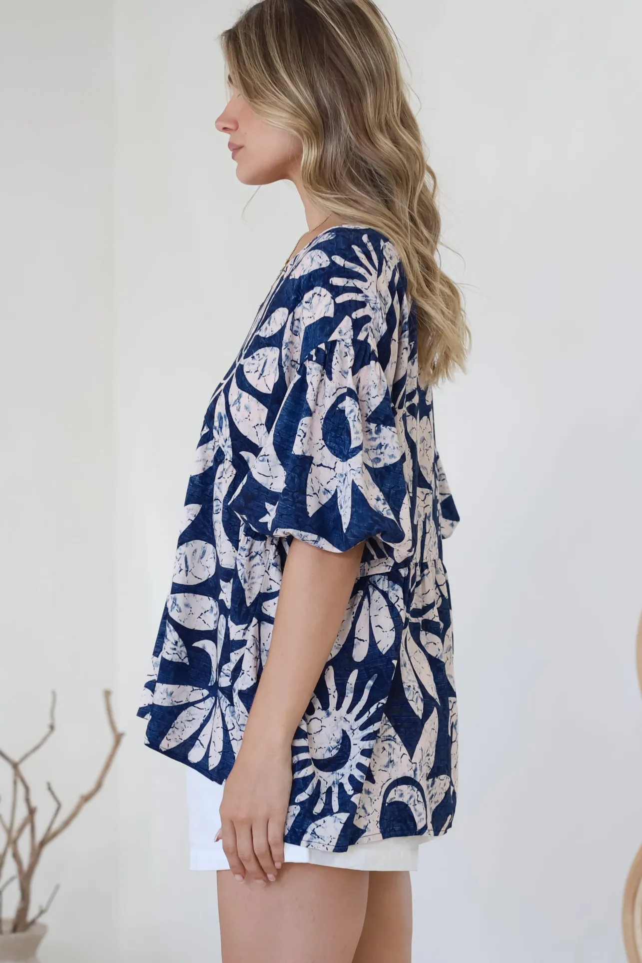 Amalia Blouse - V-Neck Smock Top with Balloon Sleeves in Moonshadow Print>Salty Crush Sale