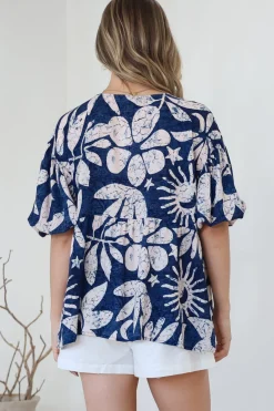 Amalia Blouse - V-Neck Smock Top with Balloon Sleeves in Moonshadow Print><noscript><img width=