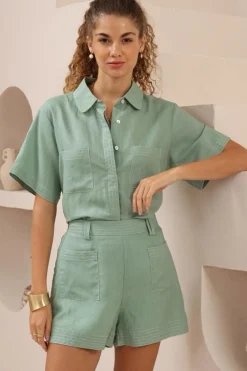 Amanda Shirt - Collared Button Down Shirt with Contrast Stitching in Sage>Salty Crush Online