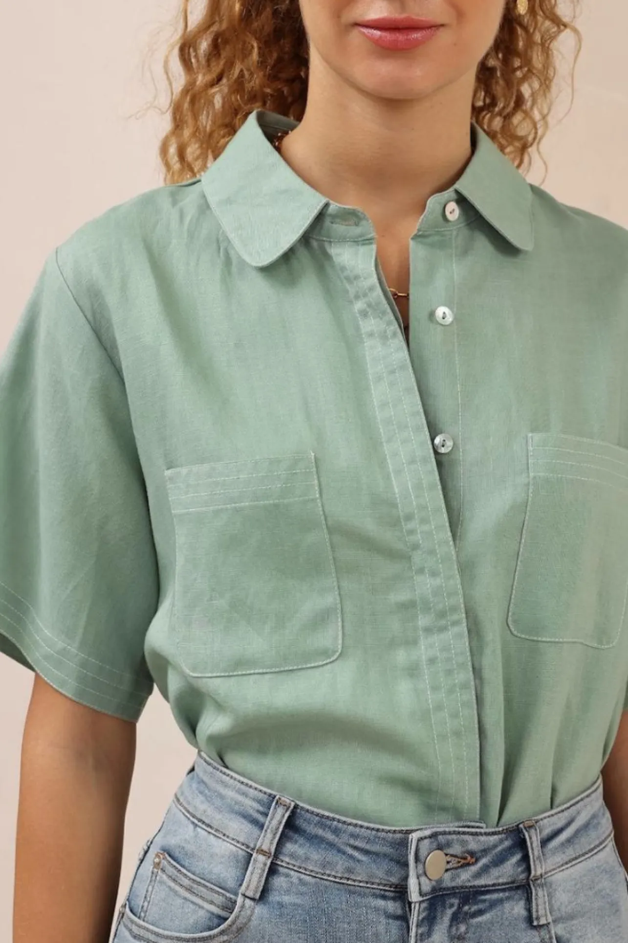 Amanda Shirt - Collared Button Down Shirt with Contrast Stitching in Sage>Salty Crush Online