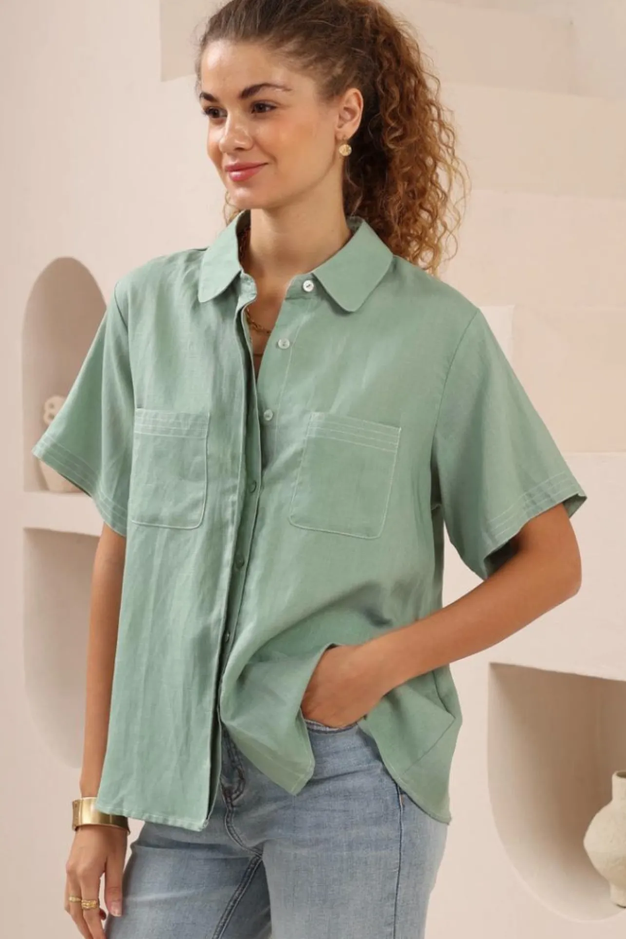 Amanda Shirt - Collared Button Down Shirt with Contrast Stitching in Sage>Salty Crush Online