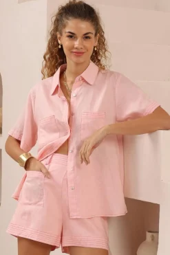 Amanda Shirt - Collared Button Down Shirt with Contrast Stitching in Pink>Salty Crush