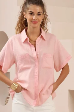 Amanda Shirt - Collared Button Down Shirt with Contrast Stitching in Pink><noscript><img width=