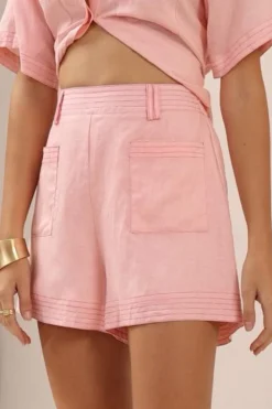 Amanda Shorts - Elasticated Back Waist Contrast Stitched Shorts in Pink>Salty Crush Clearance