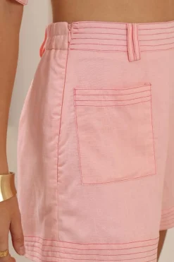 Amanda Shorts - Elasticated Back Waist Contrast Stitched Shorts in Pink><noscript><img width=