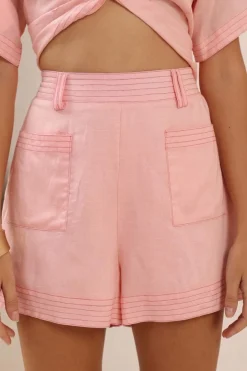 Amanda Shorts - Elasticated Back Waist Contrast Stitched Shorts in Pink><noscript><img width=