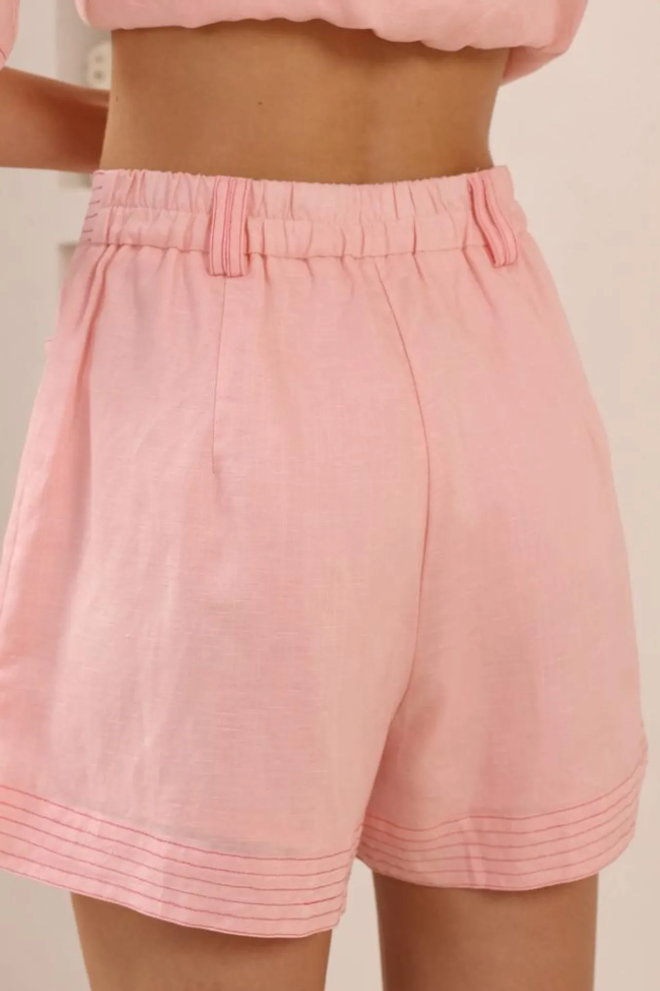 Amanda Shorts - Elasticated Back Waist Contrast Stitched Shorts in Pink>Salty Crush Clearance