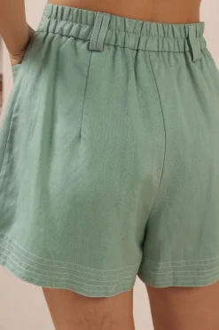 Amanda Shorts - Elasticated Back Waist Contrast Stitched Shorts in Sage><noscript><img width=
