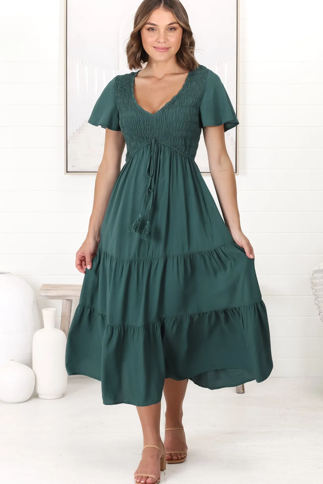 Amaya Midi Dress - Shirred Cap Sleeve A Line Dress in Emerald>Salty Crush Discount