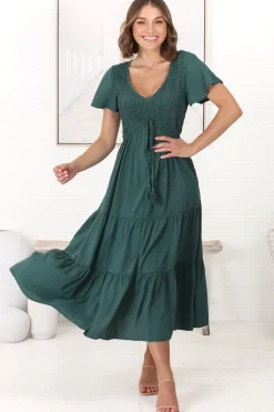Amaya Midi Dress - Shirred Cap Sleeve A Line Dress in Emerald><noscript><img width=