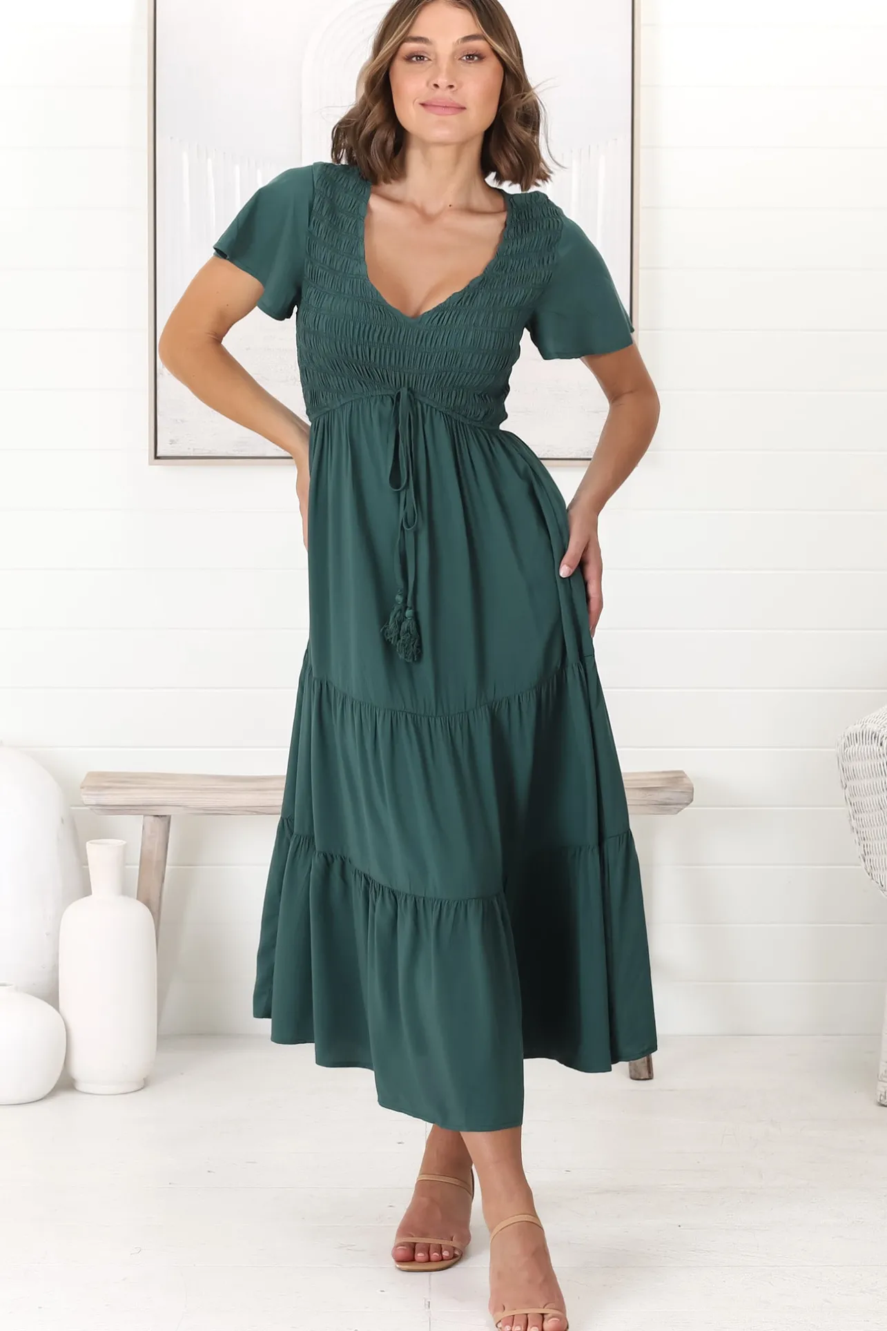Amaya Midi Dress - Shirred Cap Sleeve A Line Dress in Emerald>Salty Crush Discount
