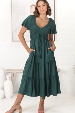 Amaya Midi Dress - Shirred Cap Sleeve A Line Dress in Emerald><noscript><img width=