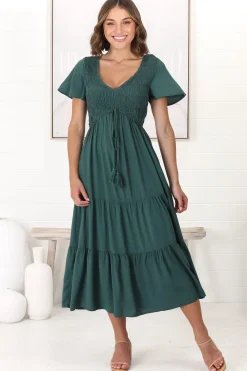 Amaya Midi Dress - Shirred Cap Sleeve A Line Dress in Emerald><noscript><img width=