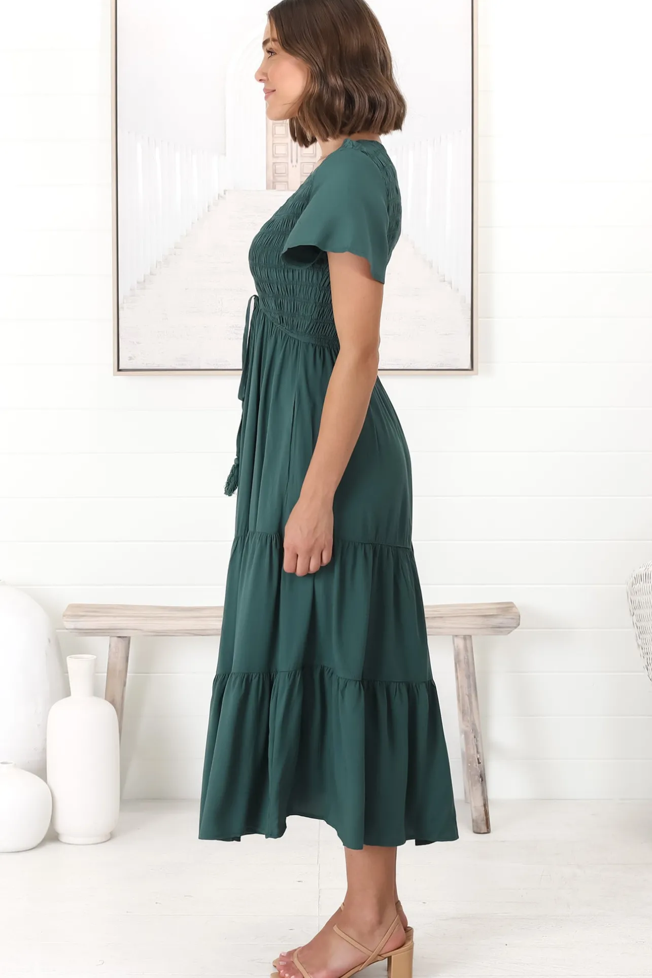 Amaya Midi Dress - Shirred Cap Sleeve A Line Dress in Emerald>Salty Crush Discount