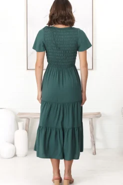 Amaya Midi Dress - Shirred Cap Sleeve A Line Dress in Emerald><noscript><img width=