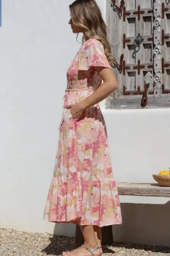 Amaya Midi Dress - Shirred Cap Sleeve A Line Dress in Lola Print><noscript><img width=