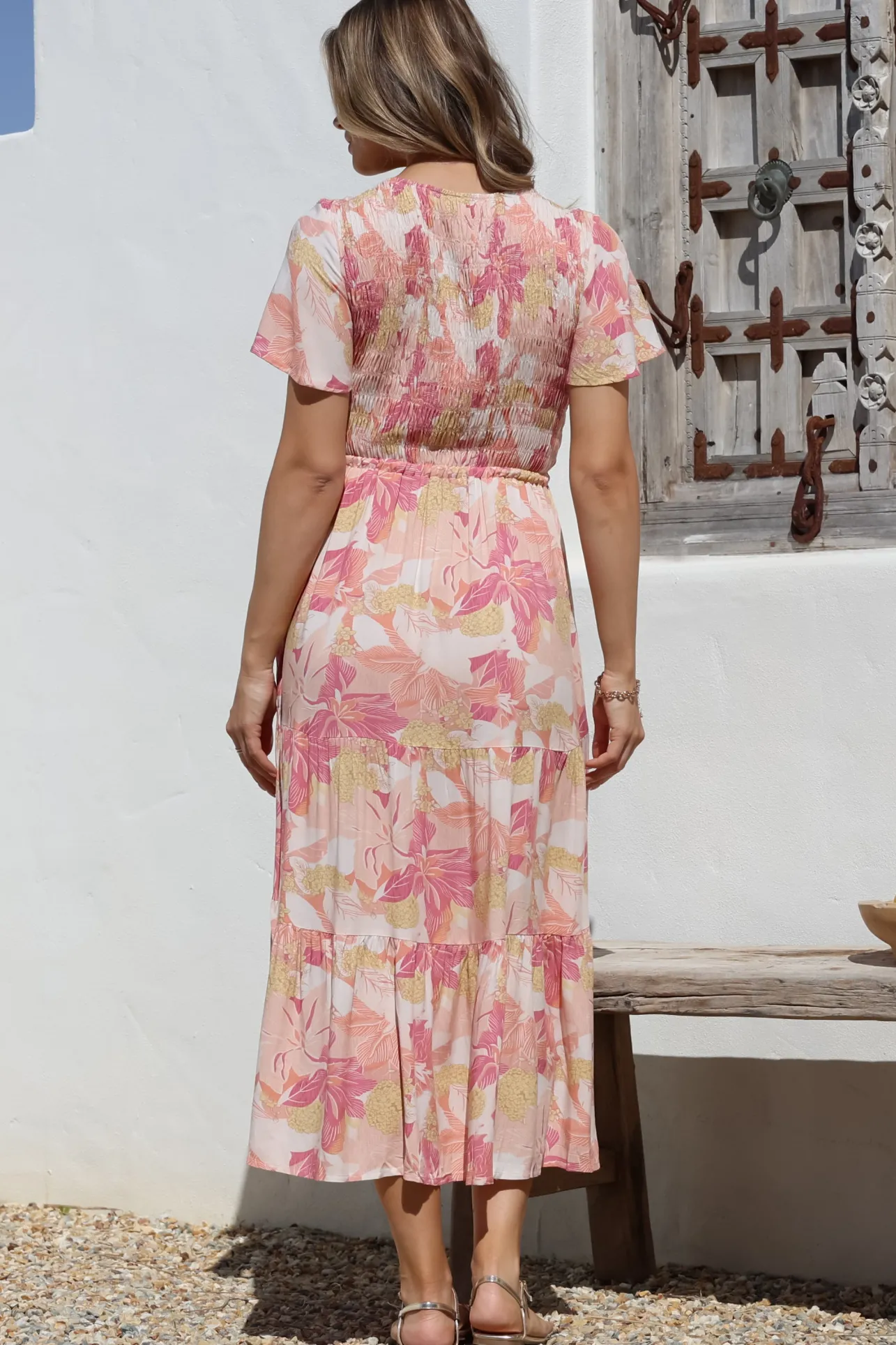 Amaya Midi Dress - Shirred Cap Sleeve A Line Dress in Lola Print>Salty Crush