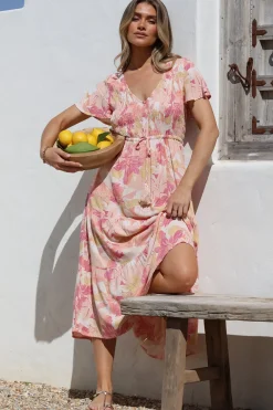 Amaya Midi Dress - Shirred Cap Sleeve A Line Dress in Lola Print><noscript><img width=