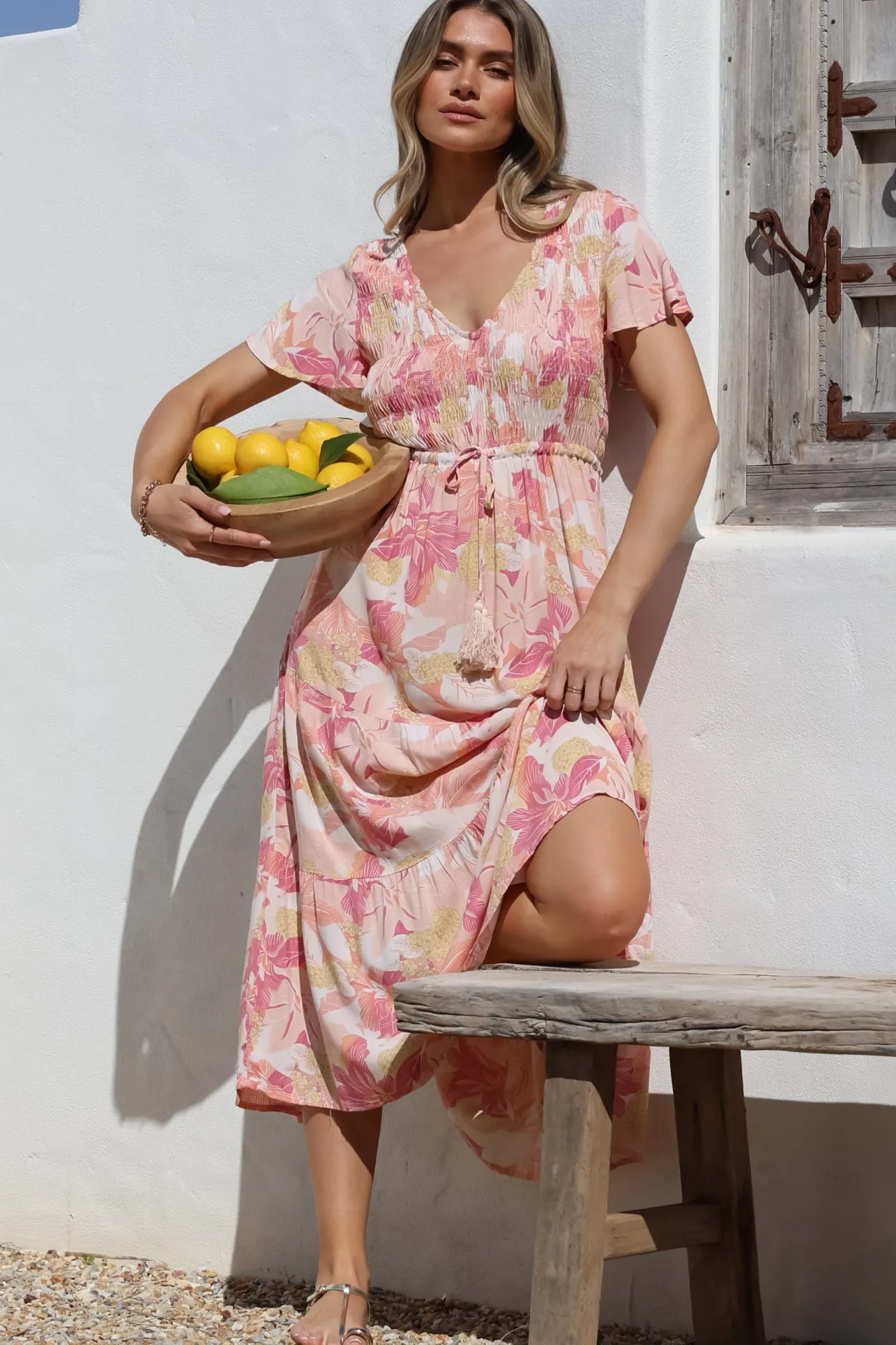 Amaya Midi Dress - Shirred Cap Sleeve A Line Dress in Lola Print>Salty Crush