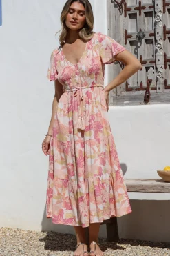 Amaya Midi Dress - Shirred Cap Sleeve A Line Dress in Lola Print><noscript><img width=