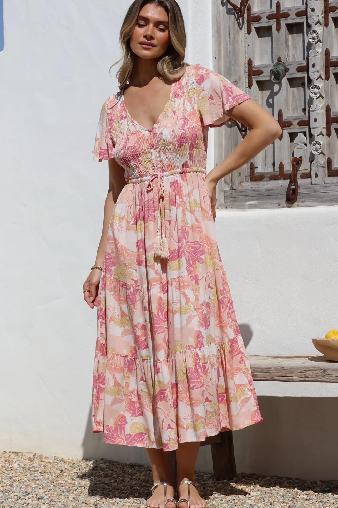 Amaya Midi Dress - Shirred Cap Sleeve A Line Dress in Lola Print>Salty Crush