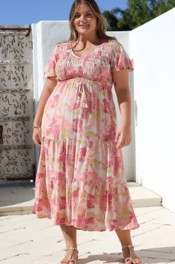 Amaya Midi Dress - Shirred Cap Sleeve A Line Dress in Lola Print><noscript><img width=