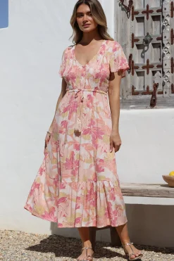 Amaya Midi Dress - Shirred Cap Sleeve A Line Dress in Lola Print><noscript><img width=