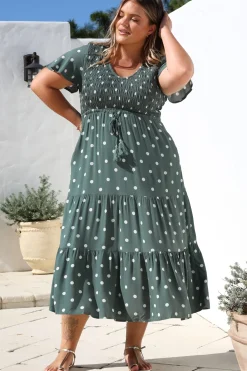 Amaya Midi Dress - Shirred Cap Sleeve A Line Dress in Parisian Polka Khaki>Salty Crush