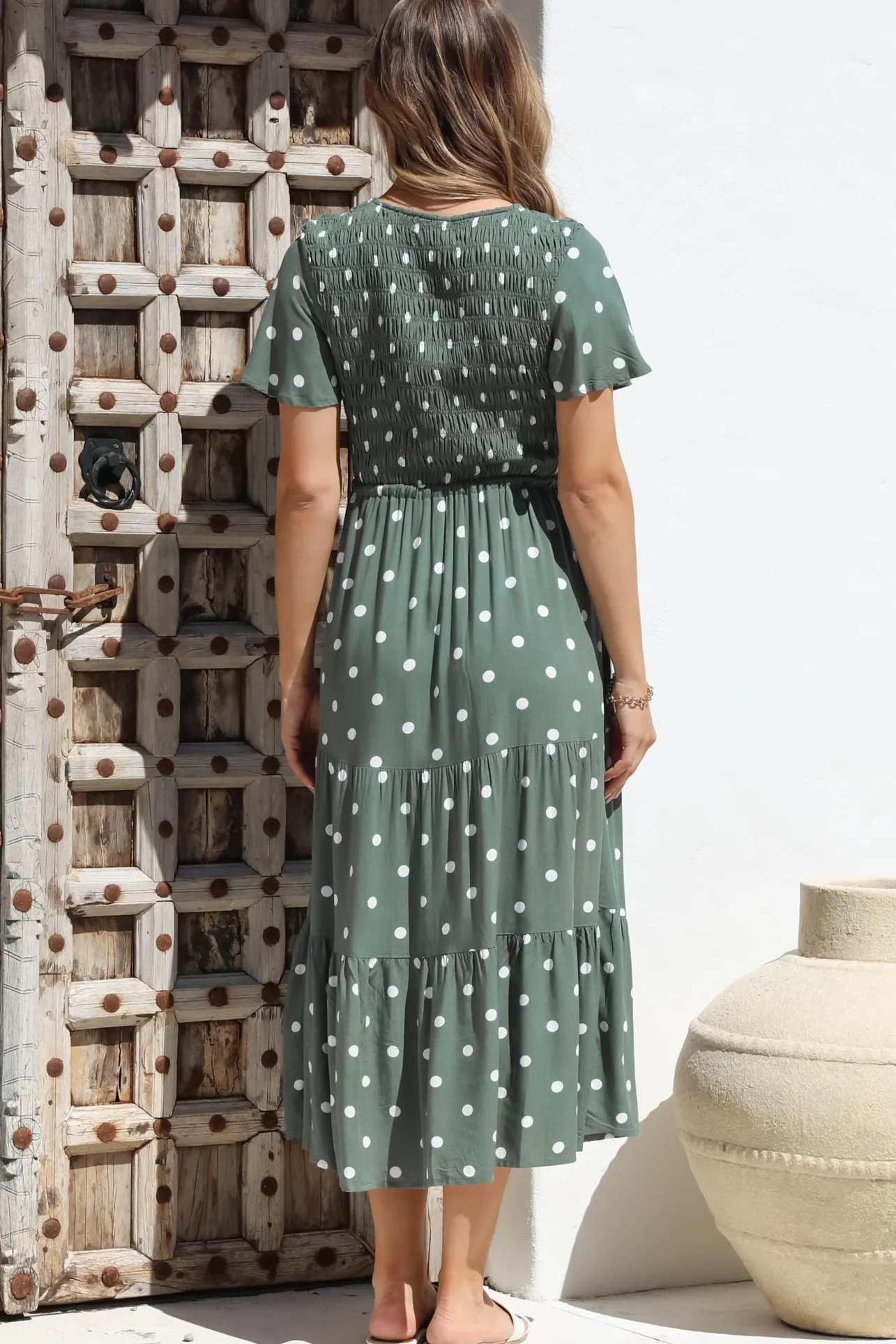 Amaya Midi Dress - Shirred Cap Sleeve A Line Dress in Parisian Polka Khaki>Salty Crush
