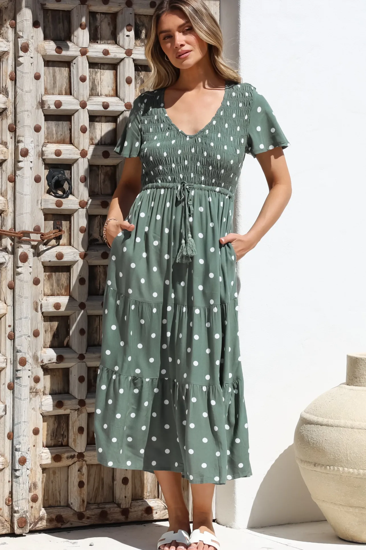 Amaya Midi Dress - Shirred Cap Sleeve A Line Dress in Parisian Polka Khaki>Salty Crush